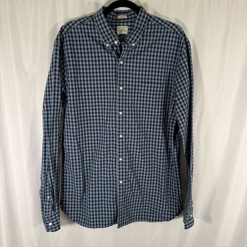 J. Crew Shirt Men's Large Blue Plaid Button Up Long Sleeve Slim 100% Cotton